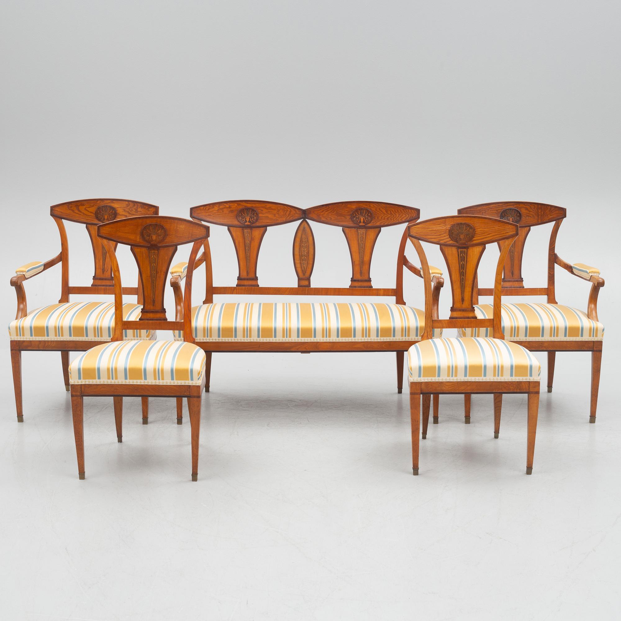 Sofa, a pair of armchairs and a pair of charis. Biedermeier, 19th century.