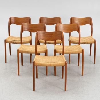 Niels Otto Møller, stolar, 6 st, modell 71, J.L. Møllers Møbelfabrik, Danmark, 1950/60-tal.