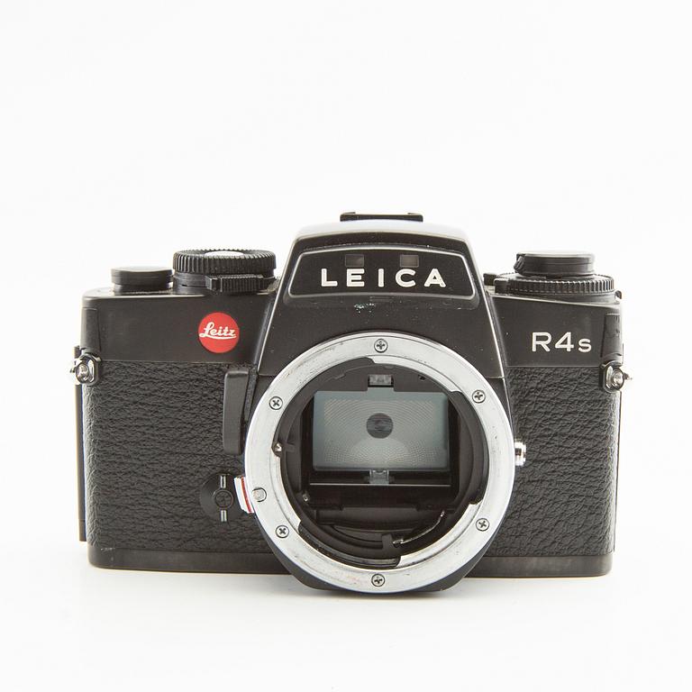 Leica R4s camera body, lens, and accessories.