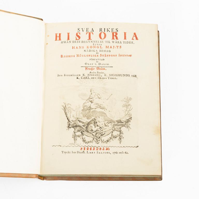 Books, four volumes,'Svea Rikes Historia', Olof Dalin, Lars Salvius, Stockholm, 1747-62.