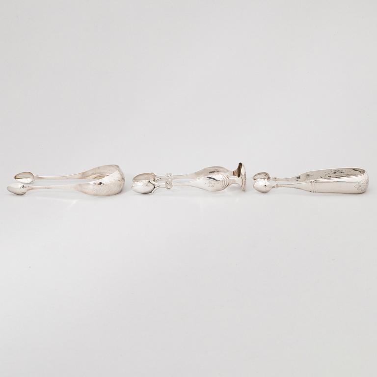 Sokeripihtejä, 3 kpl, hopeaa, Turku, Porvoo ja Göteborg 1841-46.