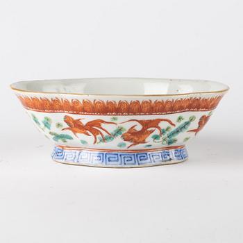 Two famille rose stemcups and a bowl, Qing dynasty, 19th century.