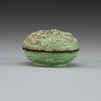 A bisquit pale green dragon box with cover, Qing dynasty 19th century.