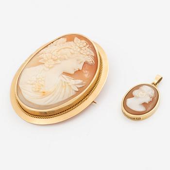 Brooch and pendant, 18K gold with shell cameos.