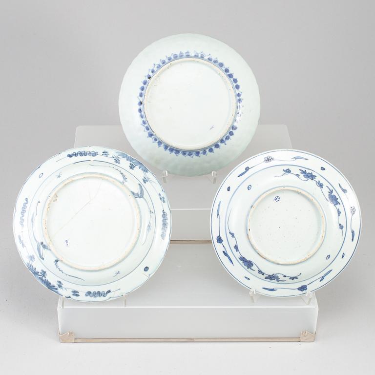 Three blue and white dishes, Ming dynasty (1368-1644).