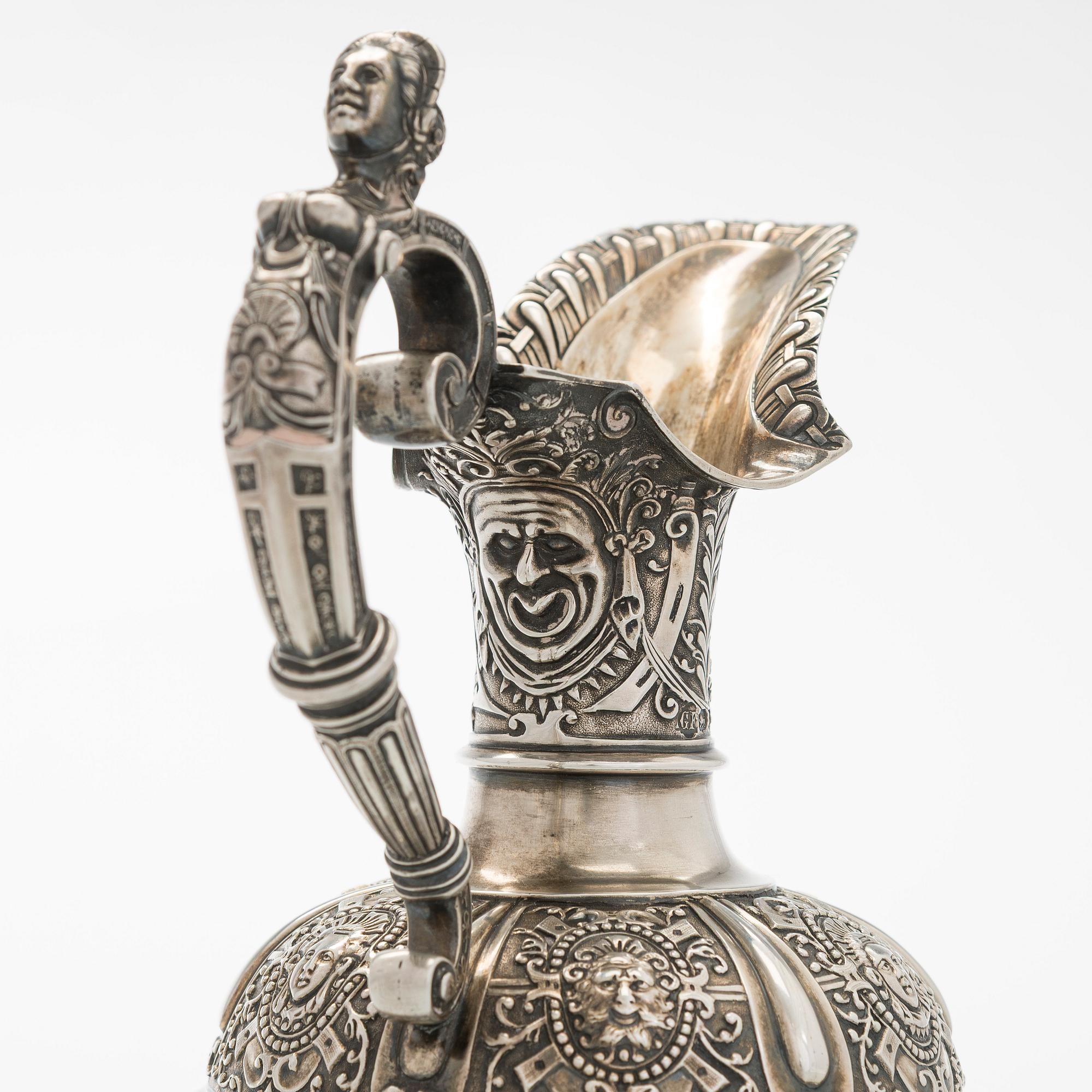 A sterling silver wine ewer, maker's mark of George Fox, London 1872.