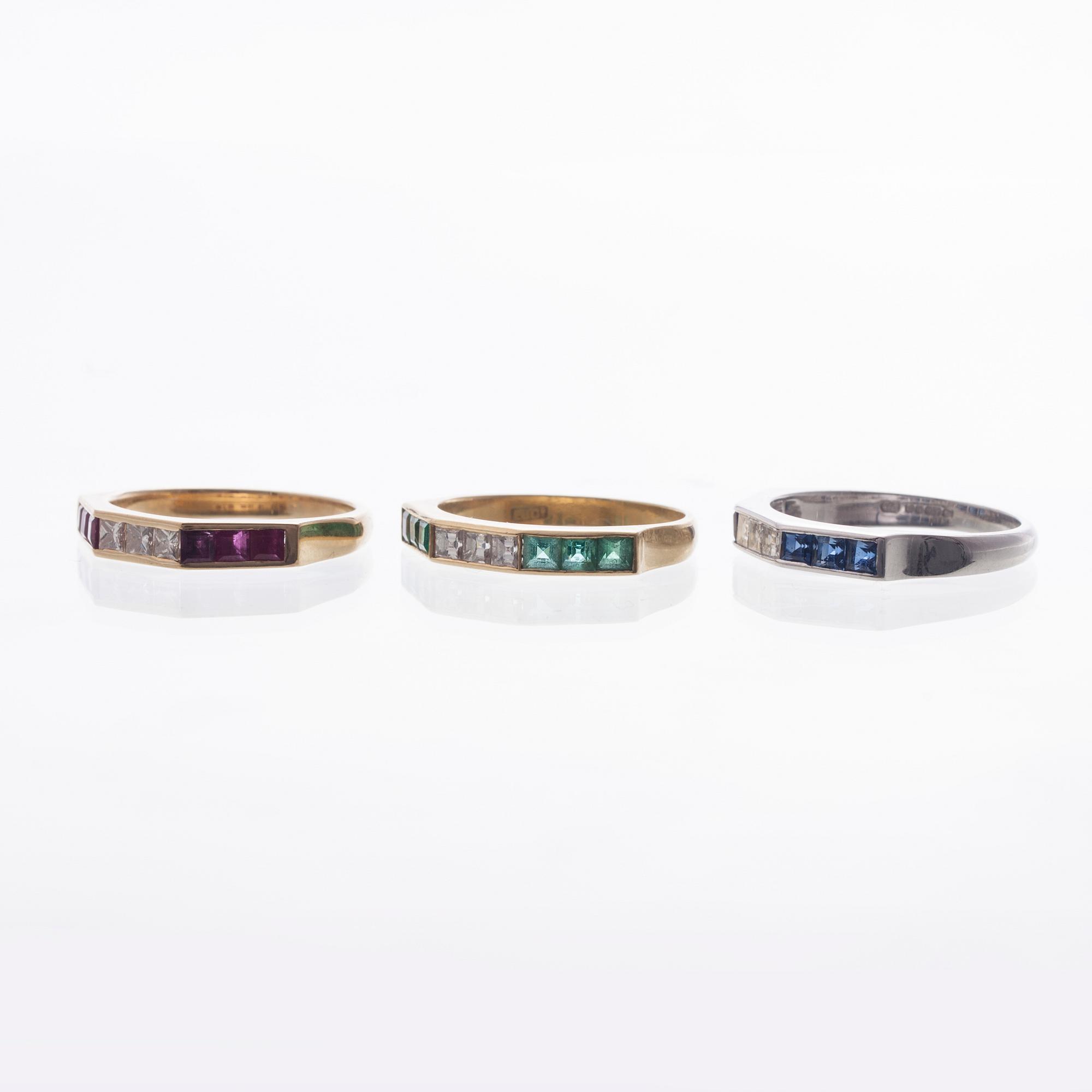 RINGAR, 3 st, 18K vitt- och gult guld, diamanter, rubiner, safirer, smaragder. Vikt totalt ca 10,2 g.
