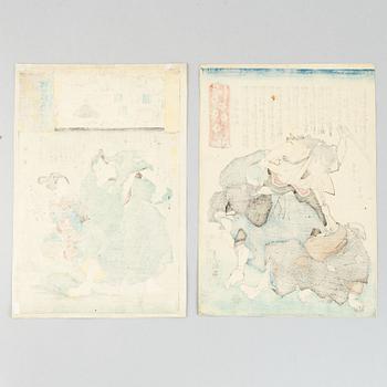 Utagawa Kuniyoshi and Kunisada, two coloured woodblock prints, Japan, 19th century.