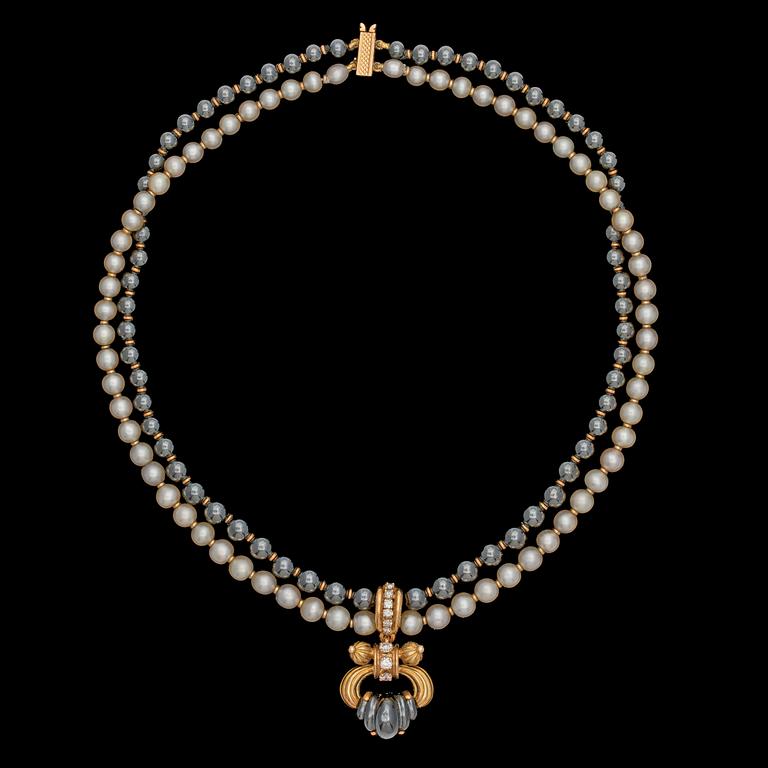 A Chaumet diamond and natural pearl necklace.