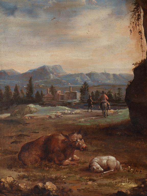 Jan Willemsz. Lapp, hans efterföljd, Arkaiskt landskap med rastande figurer och boskap.