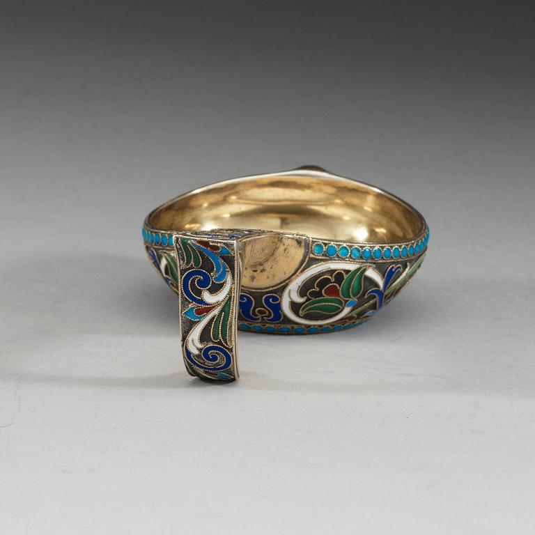 A Russian early 20th century silver-gilt and enameld kovsh, makers mark of Alexander Lyubavin, St. Petersburg 1899-1908.