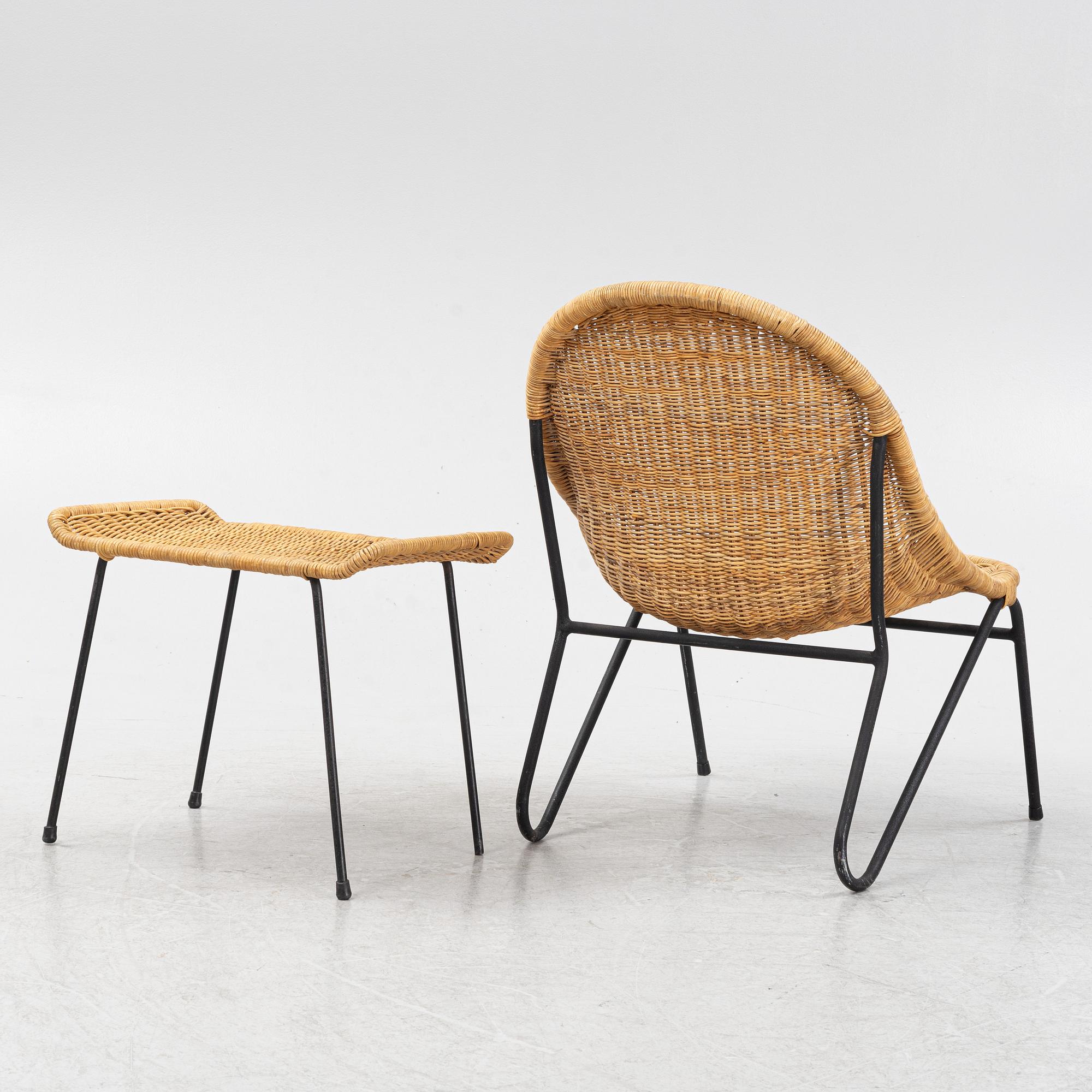 A rattan chair with ottoman, 1950's.