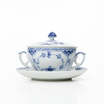 Royal Copenhagen, a set of nine consommé bowls with covers and saucers, and two cups without saucers, "Blue fluted half lace", 1960s.