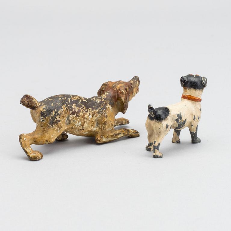 TWO MINIATURE BRONZE DOGS.