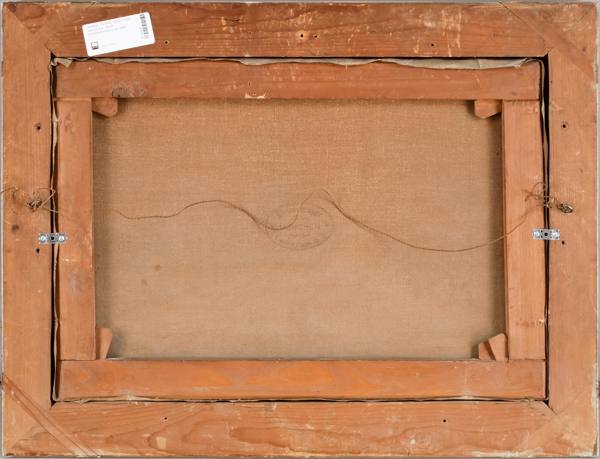 OKÄND KONSTNÄR, olja på duk. Otydl monogramsign o dat 1882.