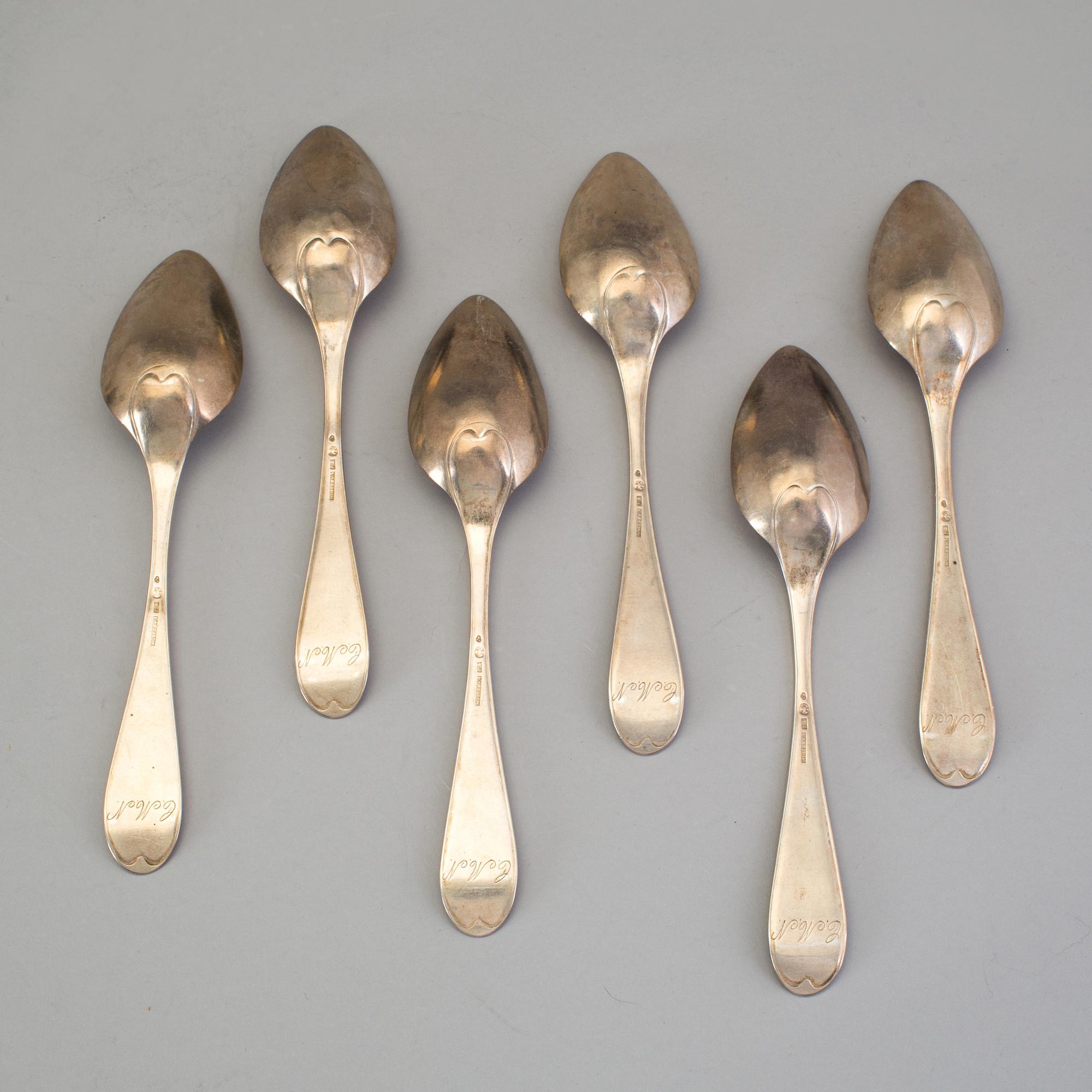 A set of six Swedish 19th century silver dinner-spoons, mark of Johan Carlssons widow, Norrkoping 1836.