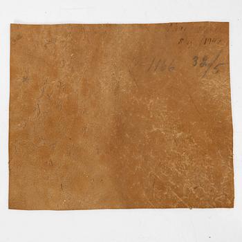 Unidentified artist, three paintings on leather, Iran, late Qajar dynasty/20th century.