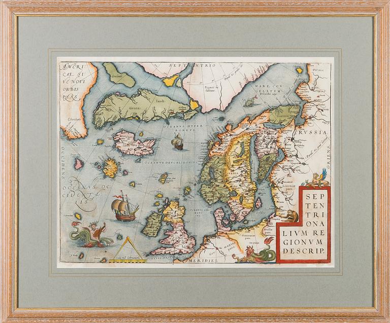 KARTTA, käsinväritetty. Abraham Ortelius:  Septentrionalium Regionum Descrip. Noin 1600.