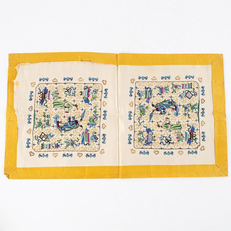 Two Chinese silk collars and two silk embroideries, 20th century.