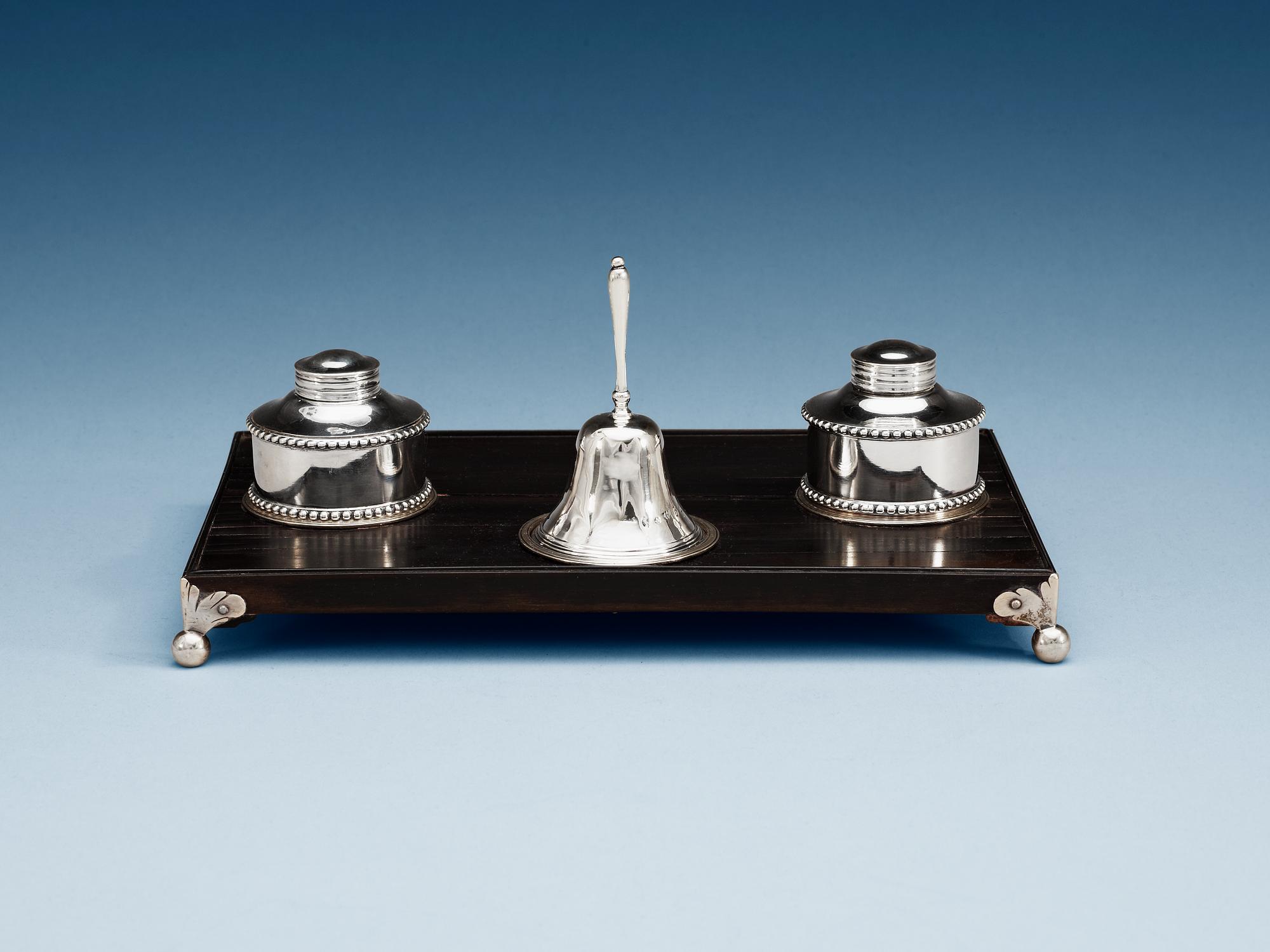 A Swedish 18th century silver and wood ink-stand, makers mark of Christian Henrik Klinck, Stockholm 1783.