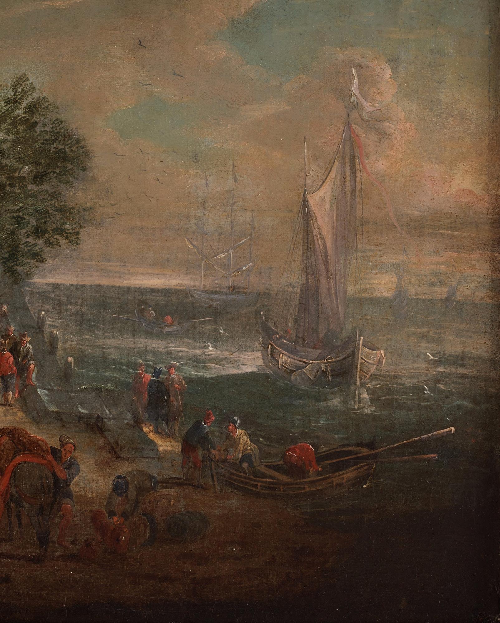 Holländsk skola 16/1700-tal, ruinlandskap med figurer vid kust, ett par.