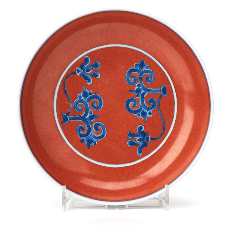 A red glazed dish, 17th Century with Chenghua mark.