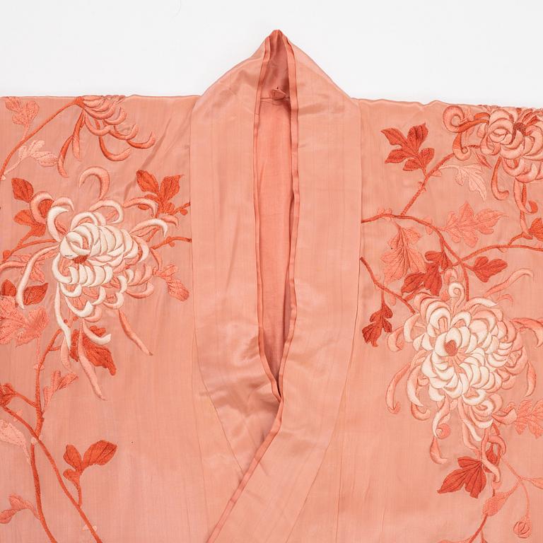 Two embroidered Japanese silk kimonos, 1920's.