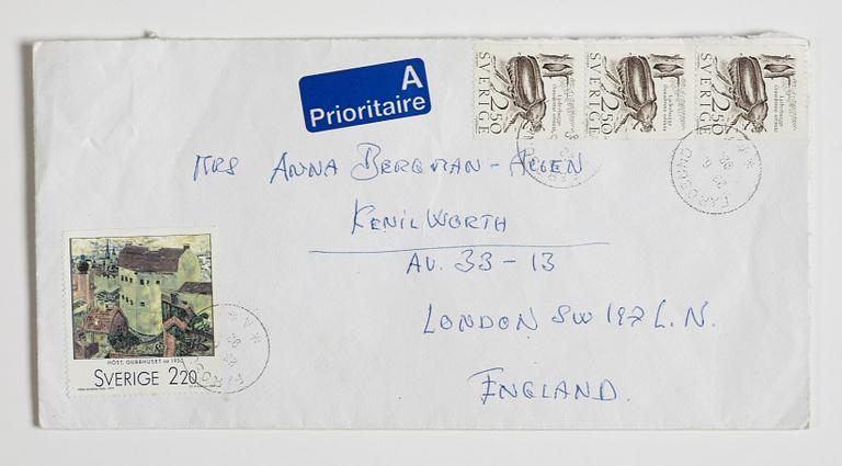 BREV från Ingmar Bergman till dottern Anna i London, daterat Fårö 21.6.(19)92. Kuvert medföljer.