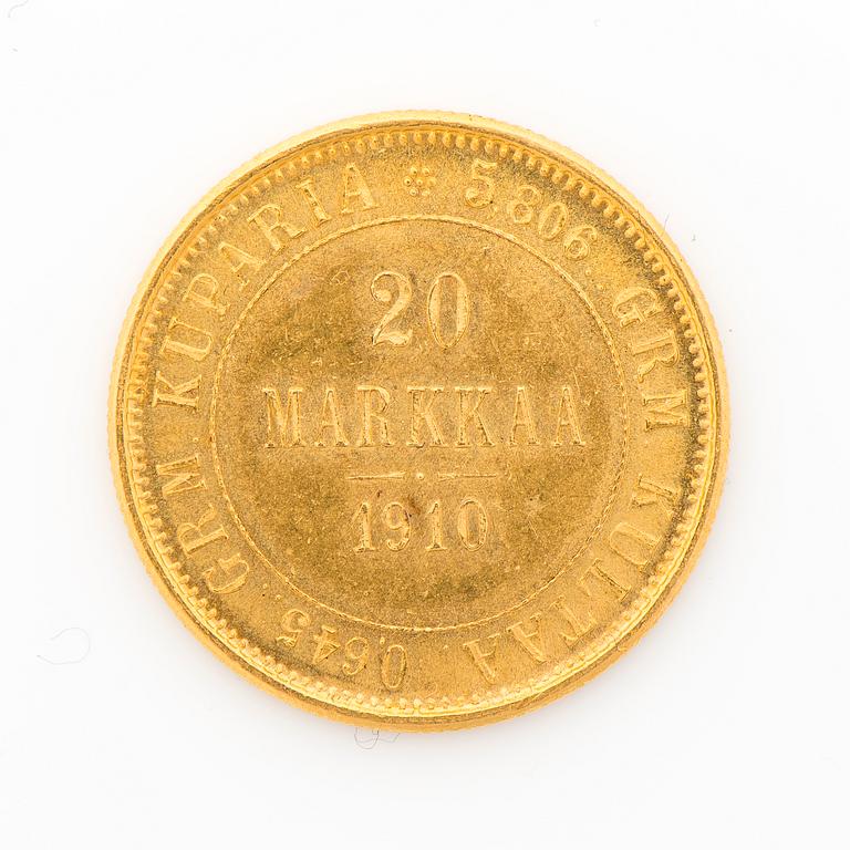 GULDMYNT, 20 mark, guldhalt 900, Finland 1910.