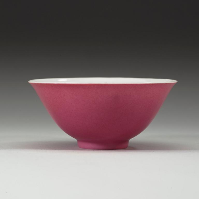 A "hot pink" bowl, Qing dynasty, with Yongzheng six- character mark and of the period (1723-35).