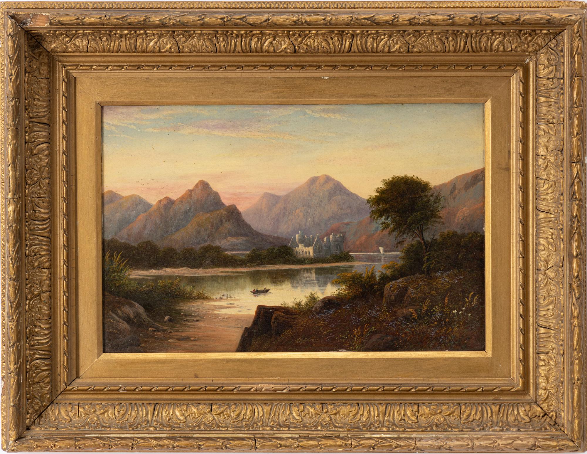 English artist, 19th century, Figure in a boat by a castle ruin.