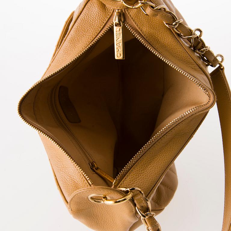 CHANEL Beige Caviar Leather Shoulder Bag.