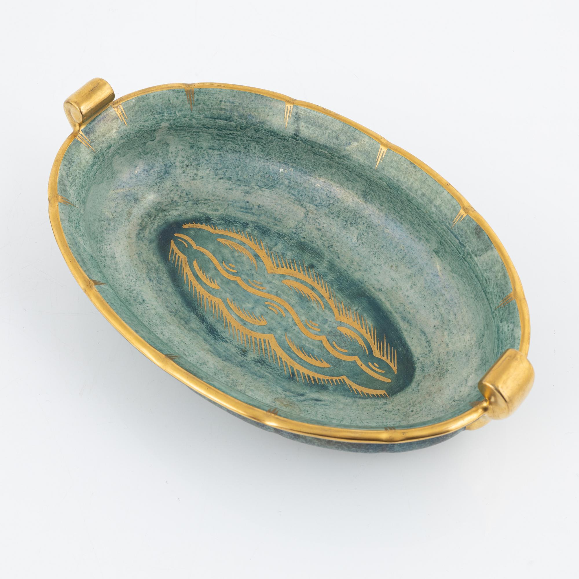 Josef Ekberg, skål och ljusstake, flintgods, Gustavsberg, 1920/1930-tal.