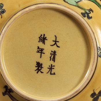 Two yellow ground dragon dishes, China, Republic 20th Century, with Guangxu six character mark.