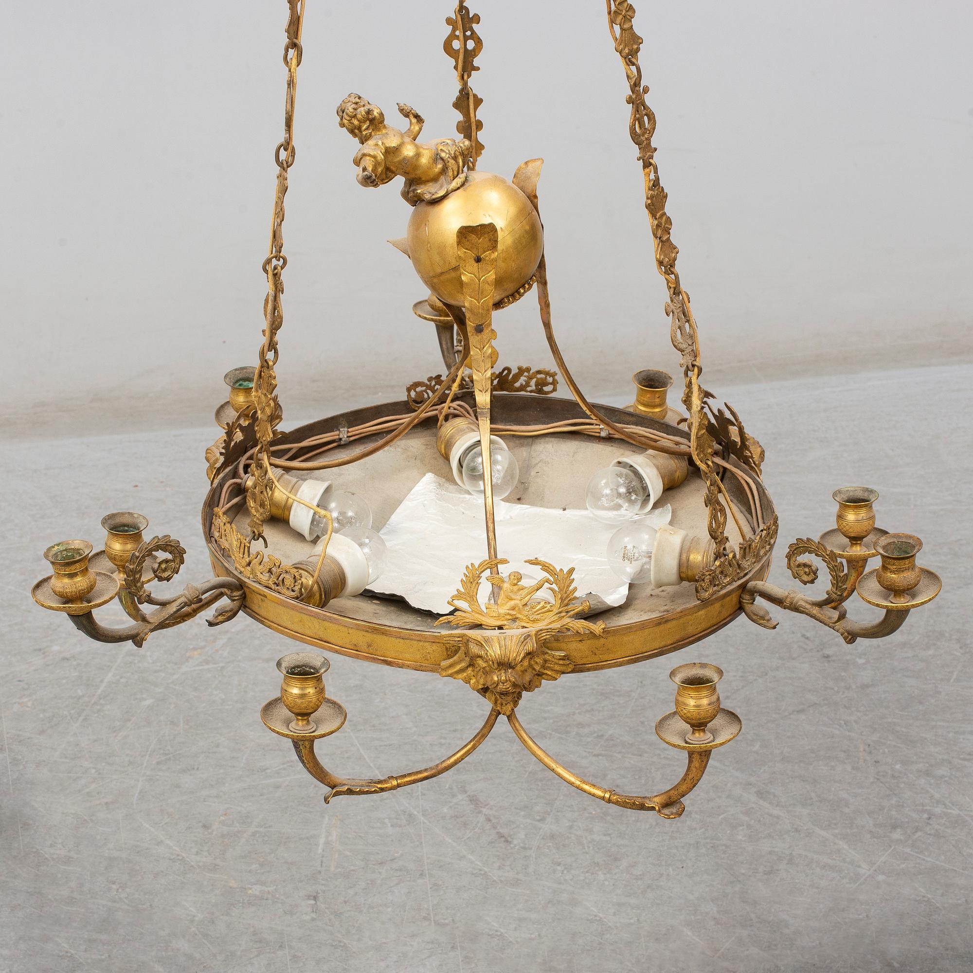 An Empire-style nine-light hanging lamp, late 19th century.