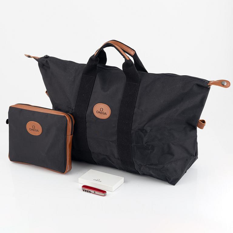 Omega, weekend bag, toiletry bag, multitool.