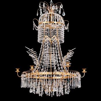 A late Gustavian early 19th century seven-light chandelier by Carl Henrik Brolin (1765-1832, master in Stockholm 1801).