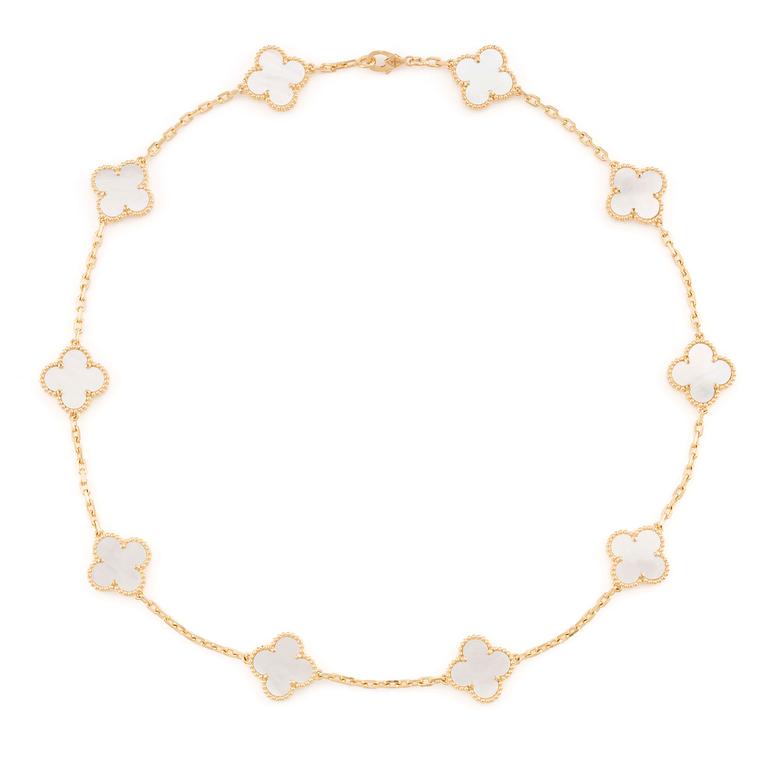 An 18K gold and mother-of-pearl Van Cleef & Arpels "Alhambra" necklace.