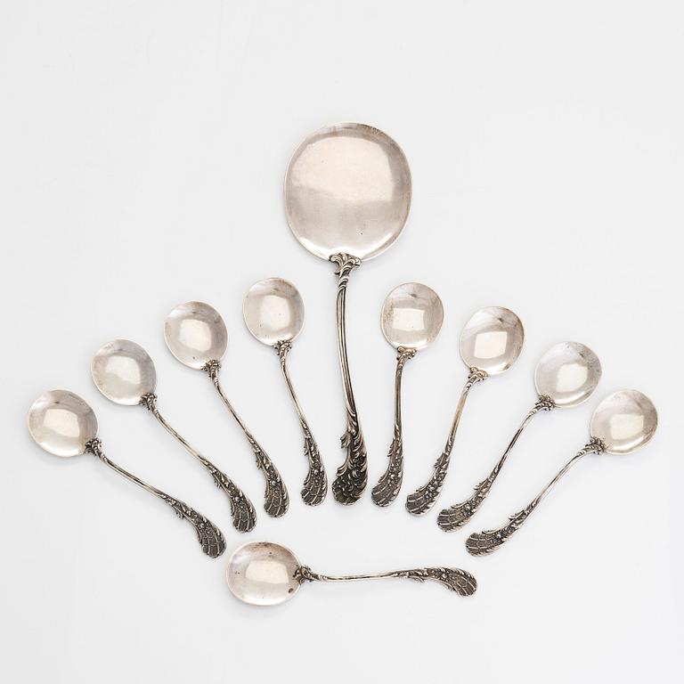 A set of silver icecream spoons, and a serving spoon, Germany, first half of the 20th century.