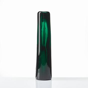 Giorgio Ferro, an oval, green glass vase, "Anse volante", A.VE.M (Arte Vetraria Muranese), Italy 1950's.