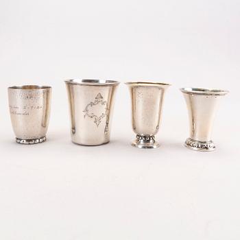 Six 20th century, miniature beakers, silver, makers of Georg Jensen, Lachmann and others.