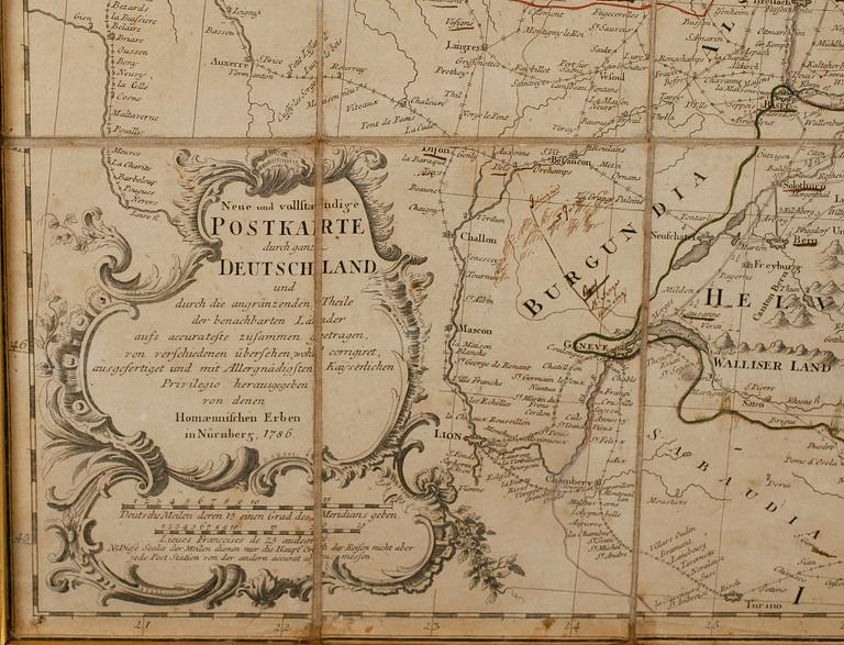 KARTA, kopparstick på duk, Postkarte durch ganze Deutschland, Nürnberg 1786.