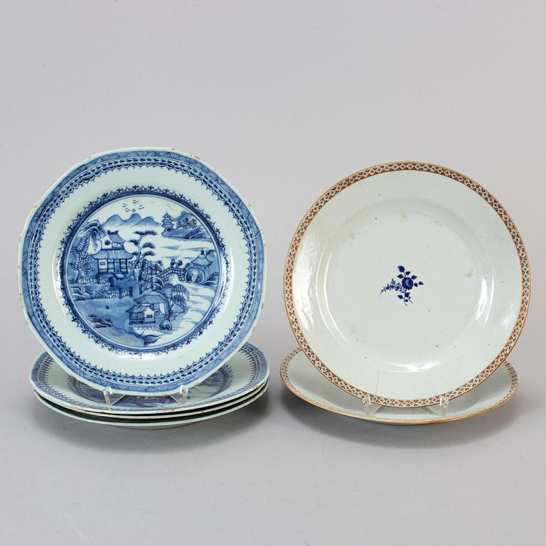 Six (4+2) blue and white export porcelain plates, Qing dynasty, Qianlong (1736-95).