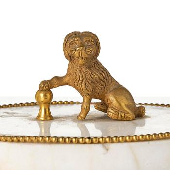 A late Gustavian gilt brass, marble and tole reading lamp, late 18th century.