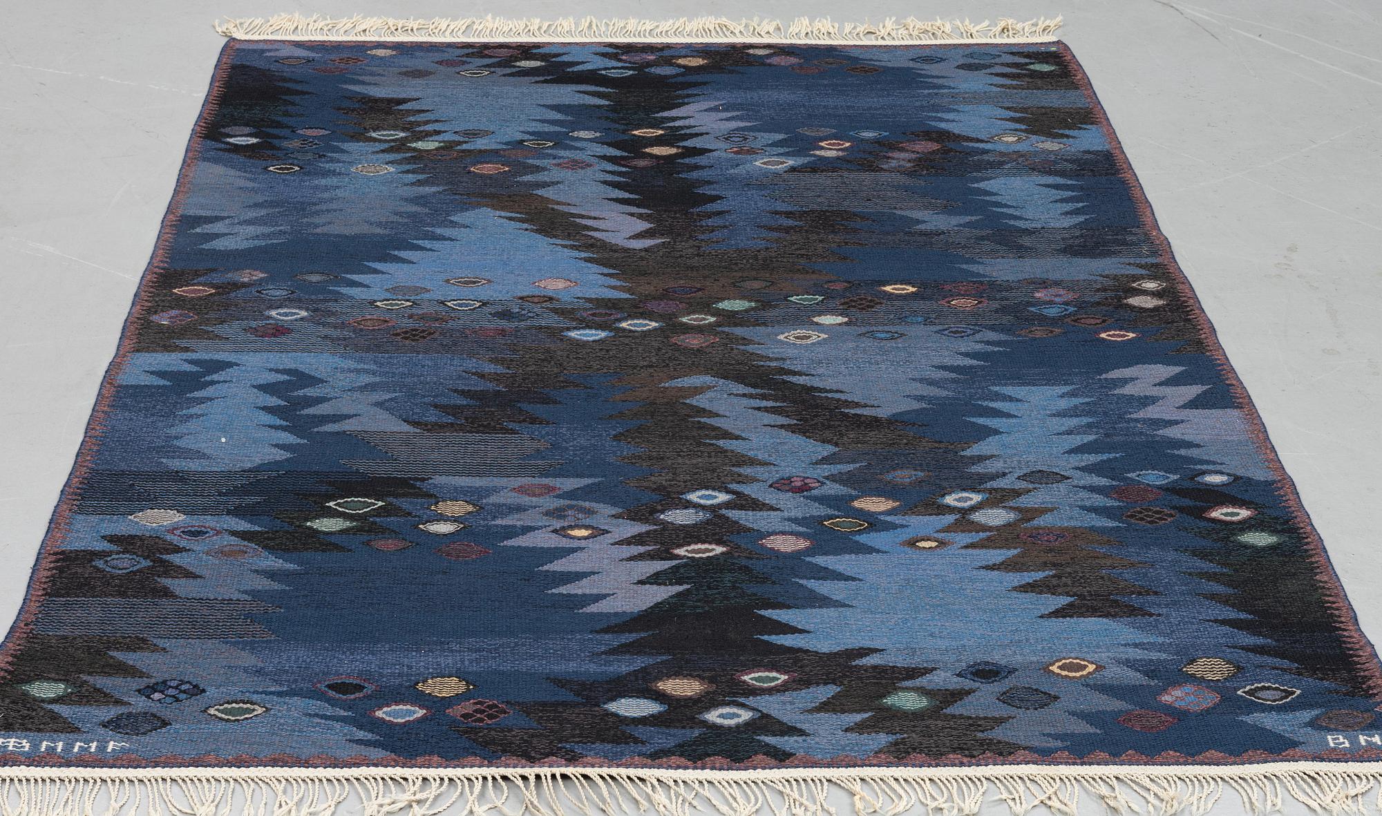 Barbro Nilsson, a carpet, "Tånga blå", flat weave, ca 243,5 x 173 cm, signed AB MMF BN.