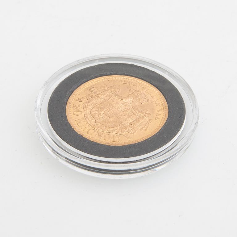 Gold coin Sweden, Oscar II 20 kr, 1878.