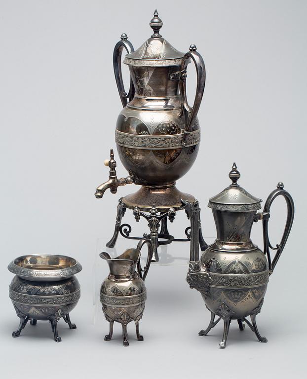 SAMOVAR samt KANNA, SOCKERSKÅL  och GRÄDDKANNA, ca 1870-80, plate USA.