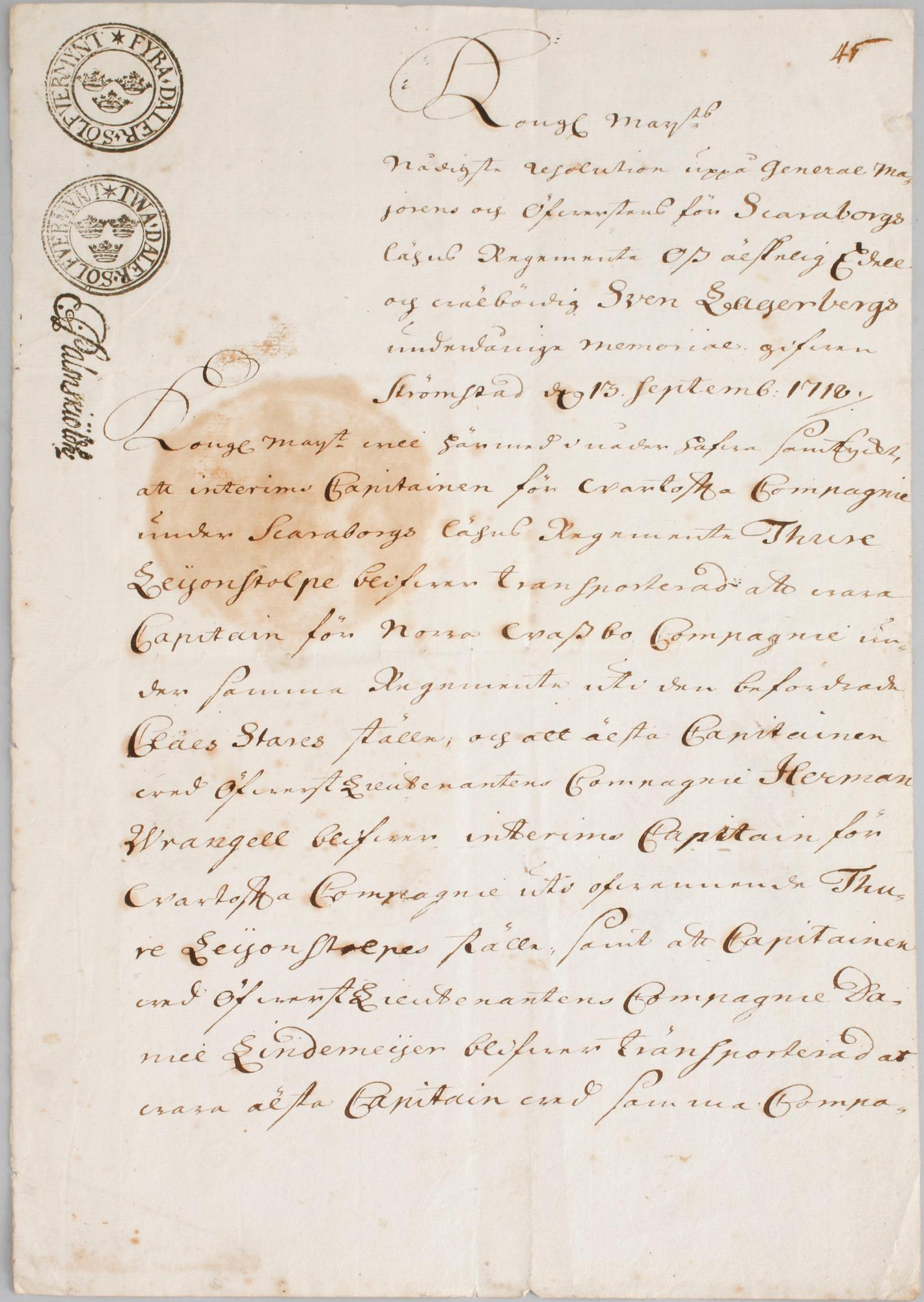 A letter from the swedish king Karl XII, signed Carolus and dated 1718.