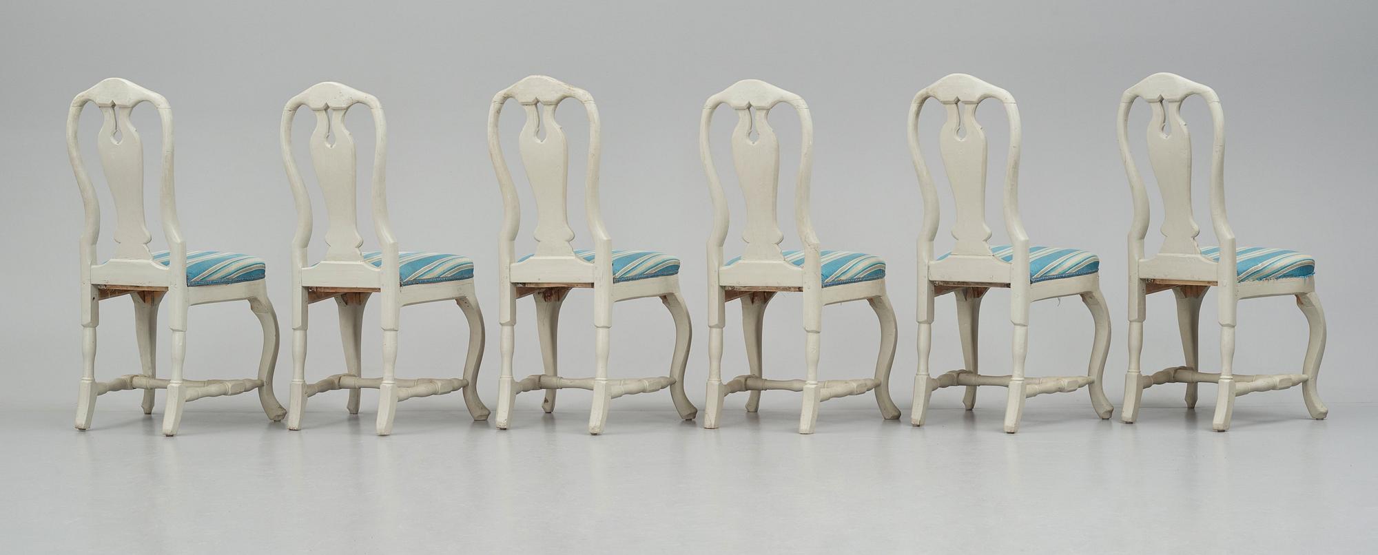 A set of six Swedish Rococo chairs, second part of the 18th century.