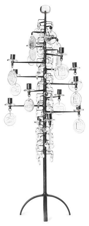 An Erik Höglund  floor candelabrum för 12 candles, iron and glassprisms, Boda Glasbruk & Smide, 1970's.